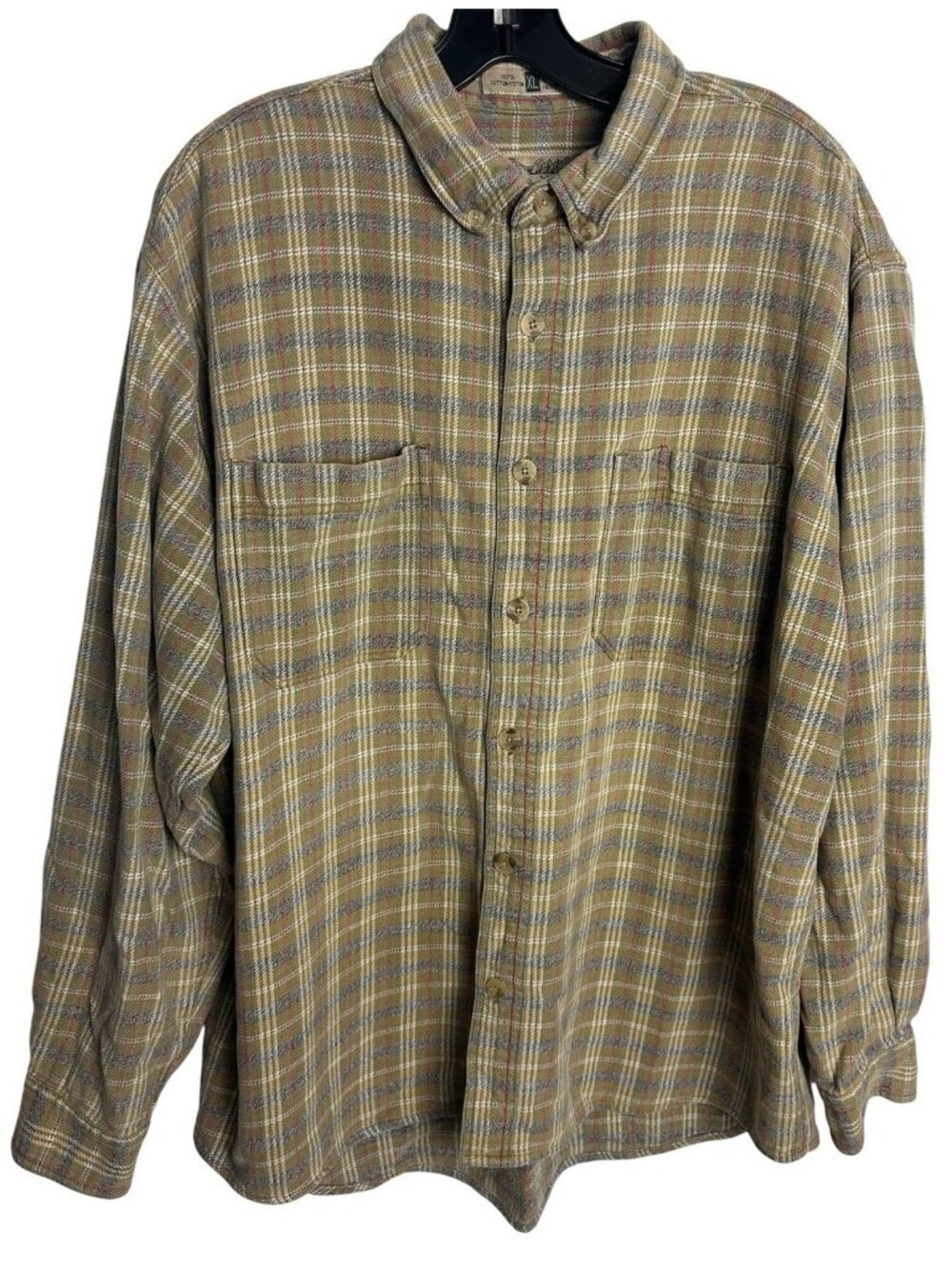 Royal Robbins Mens XL Plaid Flannel Shirt 100% Cotton Green Earth Tone Vintage